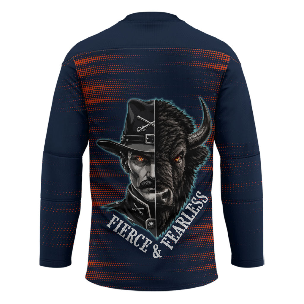 Buffalo Soldiers Fierce And Fearless Cavalry Hockey Jersey Half Face Soldier And Bison Halftone Graphic Art