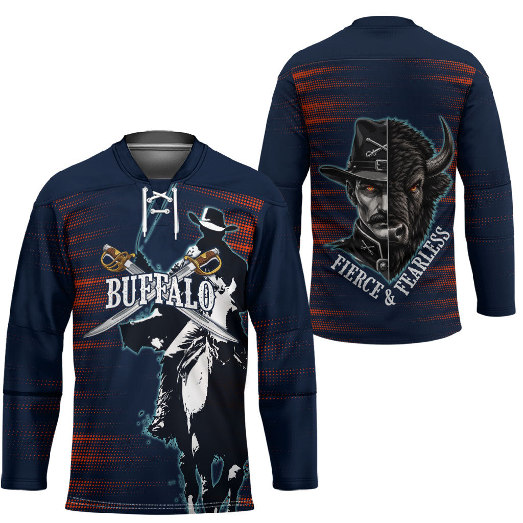 Buffalo Soldiers Fierce And Fearless Cavalry Hockey Jersey Half Face Soldier And Bison Halftone Graphic Art
