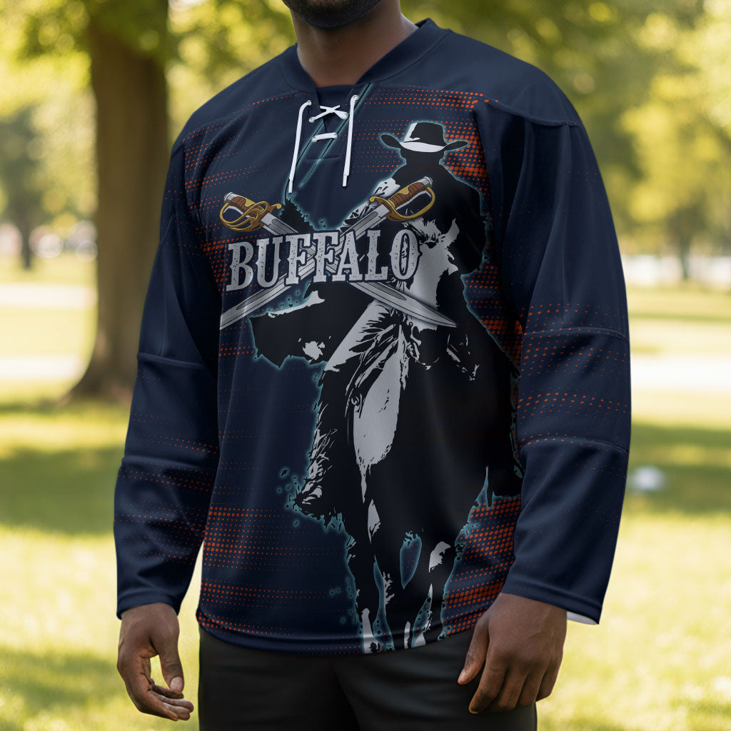 Buffalo Soldiers Fierce And Fearless Cavalry Hockey Jersey Half Face Soldier And Bison Halftone Graphic Art