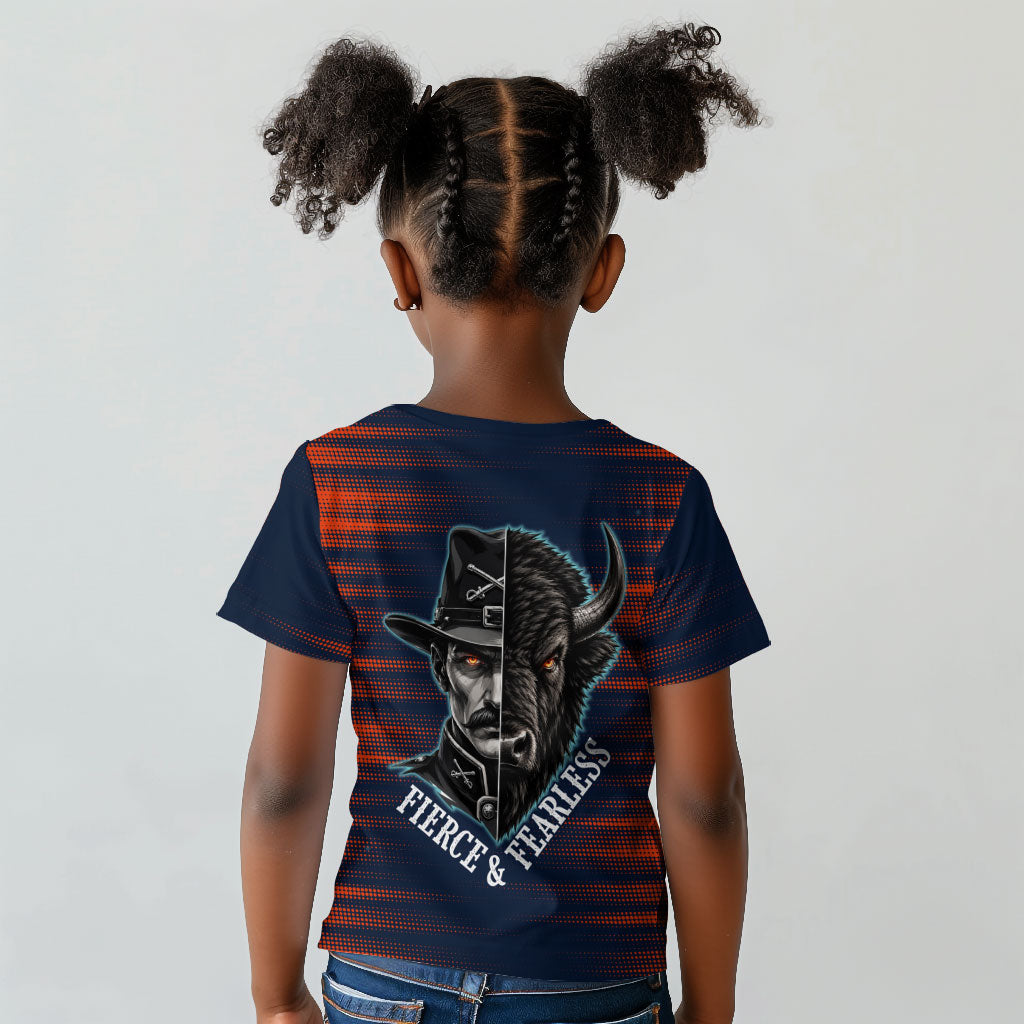 Buffalo Soldiers Fierce And Fearless Cavalry Kid T shirt Half Face Soldier And Bison Halftone Graphic Art