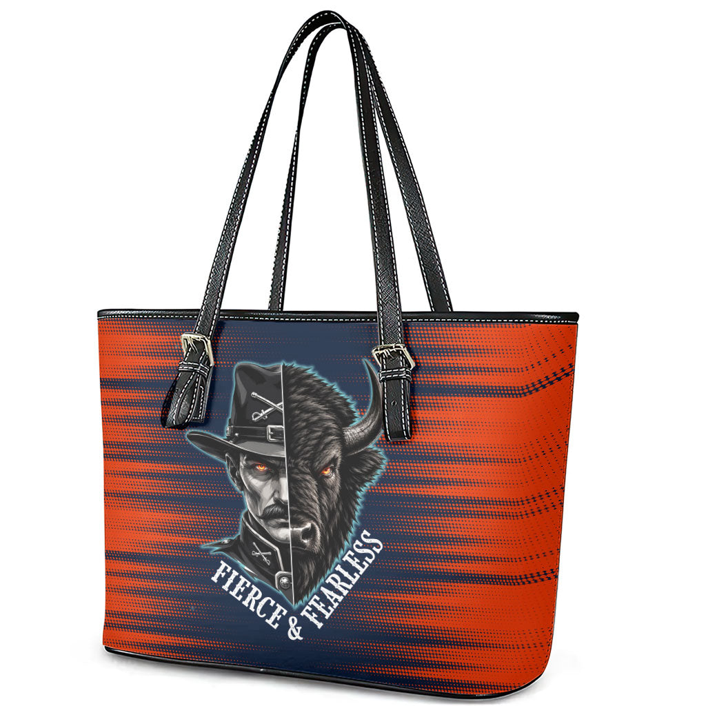 Buffalo Soldiers Fierce And Fearless Cavalry Leather Tote Bag Half Face Soldier And Bison Halftone Graphic Art