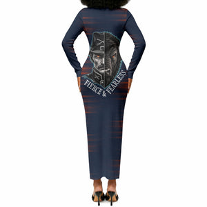 Buffalo Soldiers Fierce And Fearless Cavalry Long Sleeve Bodycon Dress Half Face Soldier And Bison Halftone Graphic Art