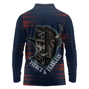 Buffalo Soldiers Fierce And Fearless Cavalry Long Sleeve Polo Shirt Half Face Soldier And Bison Halftone Graphic Art