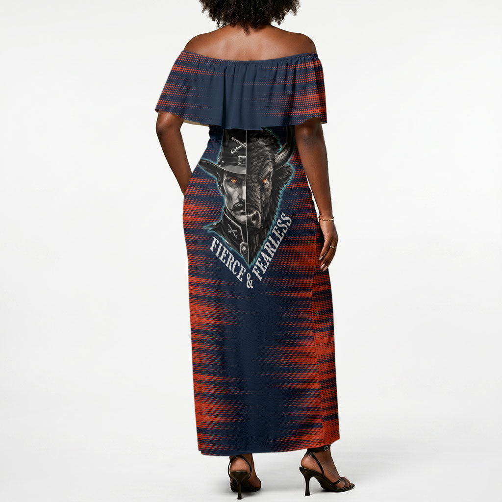 Buffalo Soldiers Fierce And Fearless Cavalry Off Shoulder Maxi Dress Half Face Soldier And Bison Halftone Graphic Art