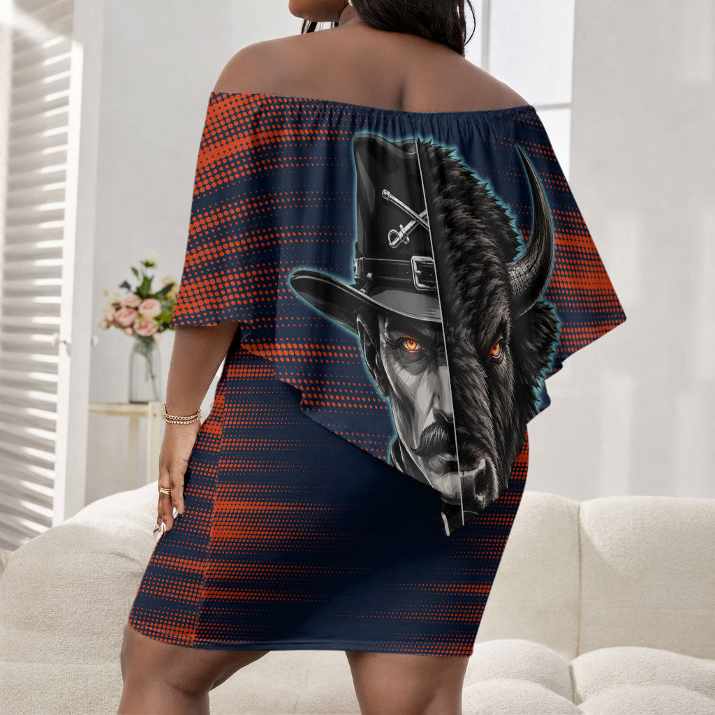 Buffalo Soldiers Fierce And Fearless Cavalry Off Shoulder Short Dress Half Face Soldier And Bison Halftone Graphic Art