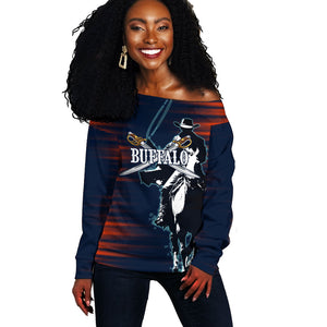 Buffalo Soldiers Fierce And Fearless Cavalry Off Shoulder Sweater Half Face Soldier And Bison Halftone Graphic Art