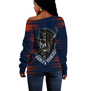 Buffalo Soldiers Fierce And Fearless Cavalry Off Shoulder Sweater Half Face Soldier And Bison Halftone Graphic Art