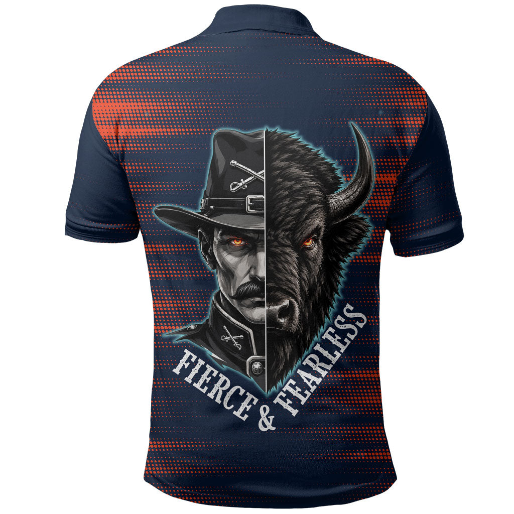 Buffalo Soldiers Fierce And Fearless Cavalry Polo Shirt Half Face Soldier And Bison Halftone Graphic Art