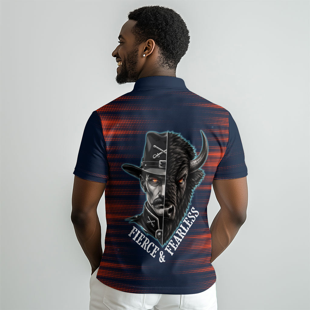 Buffalo Soldiers Fierce And Fearless Cavalry Polo Shirt Half Face Soldier And Bison Halftone Graphic Art