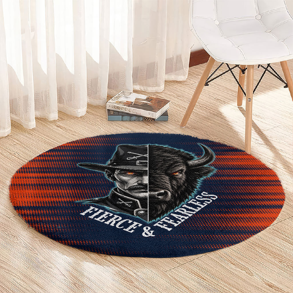Buffalo Soldiers Fierce And Fearless Cavalry Round Carpet Half Face Soldier And Bison Halftone Graphic Art