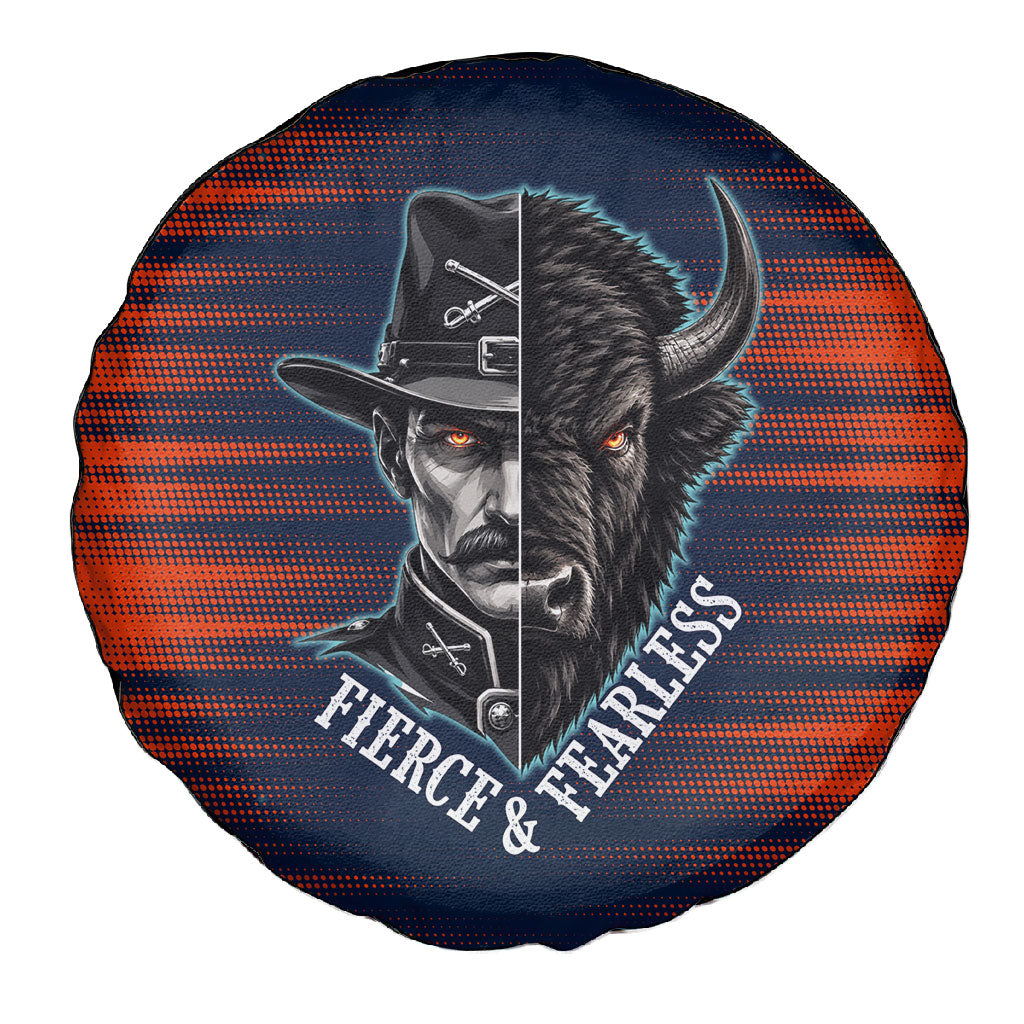 Buffalo Soldiers Fierce And Fearless Cavalry Spare Tire Cover Half Face Soldier And Bison Halftone Graphic Art