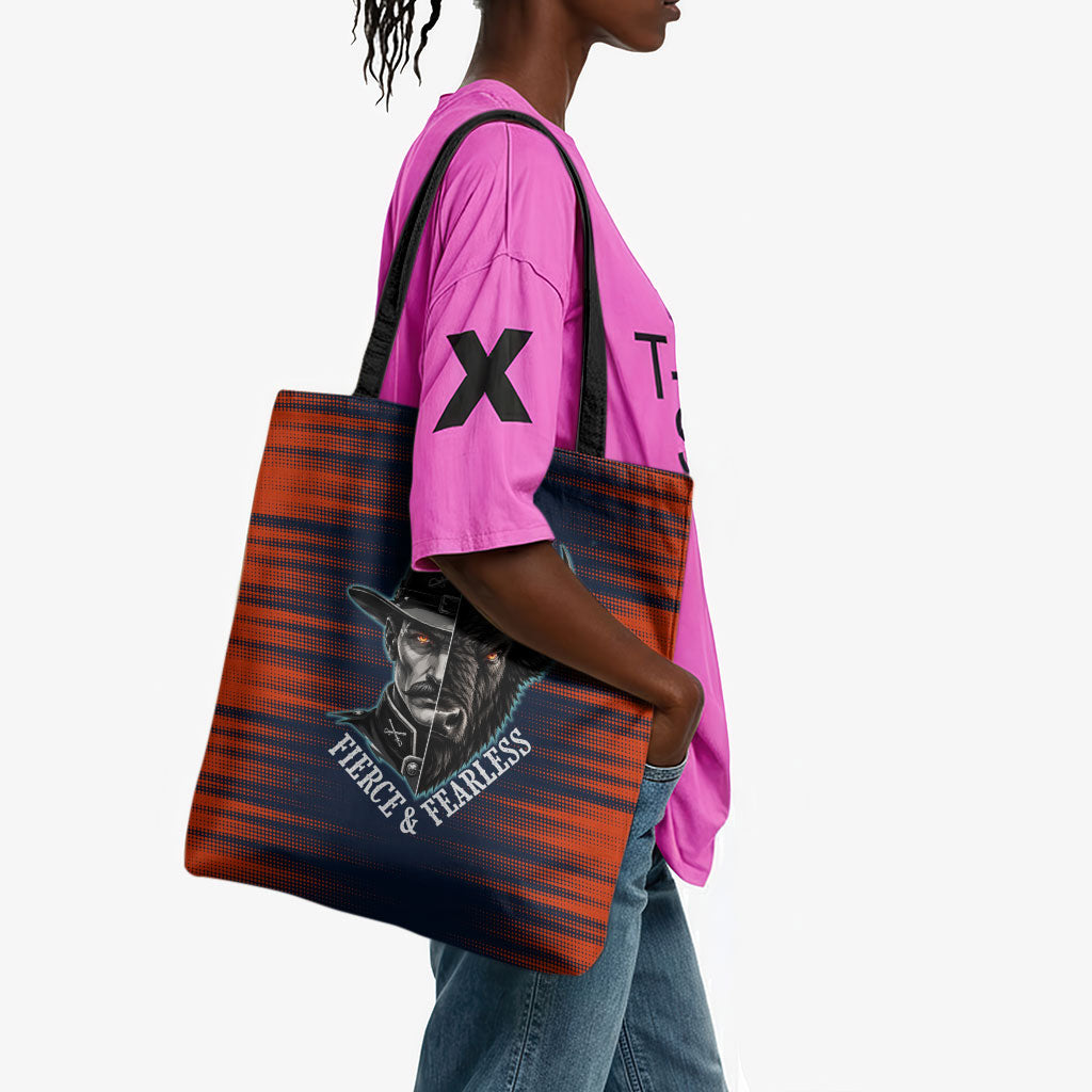 Buffalo Soldiers Fierce And Fearless Cavalry Tote Bag Half Face Soldier And Bison Halftone Graphic Art