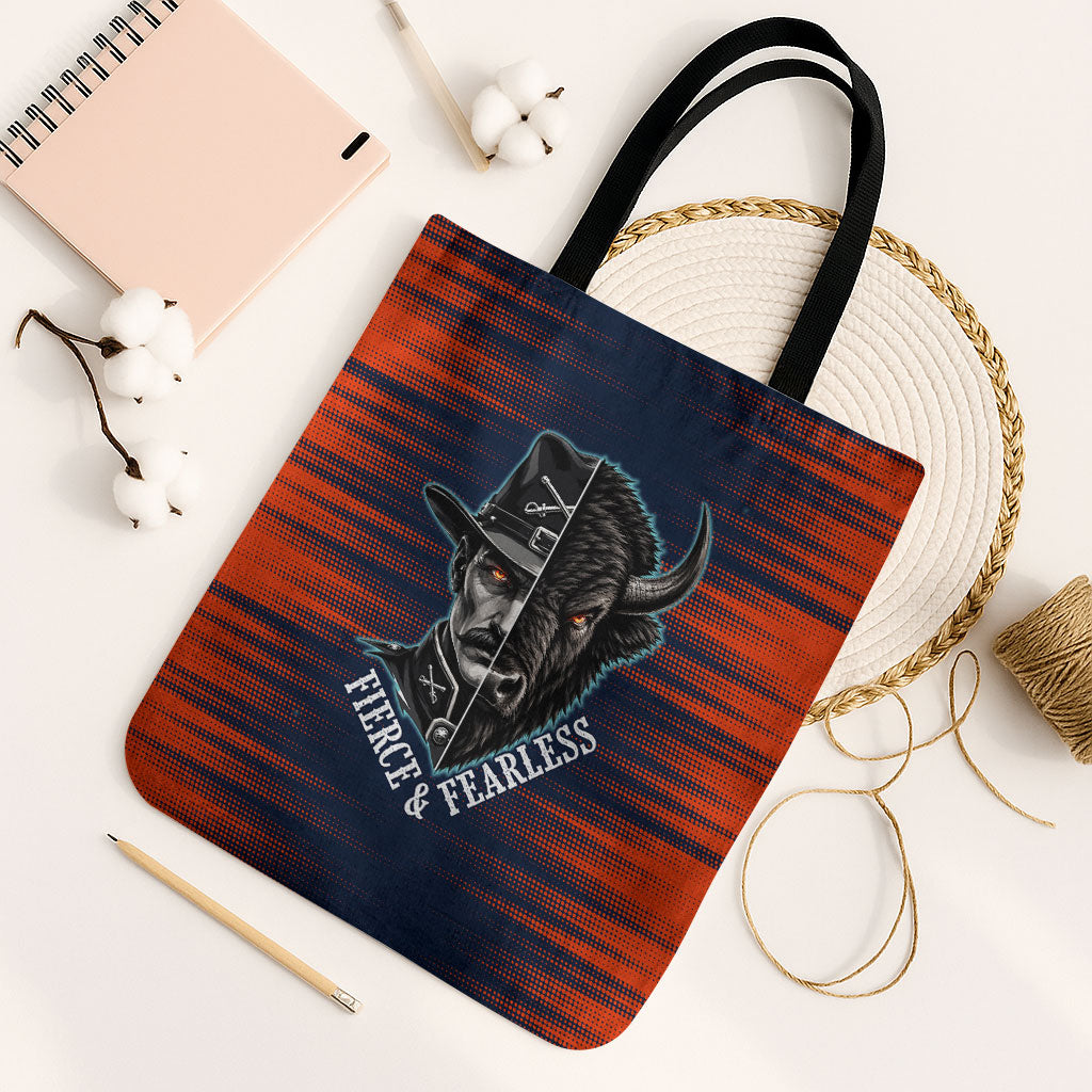Buffalo Soldiers Fierce And Fearless Cavalry Tote Bag Half Face Soldier And Bison Halftone Graphic Art