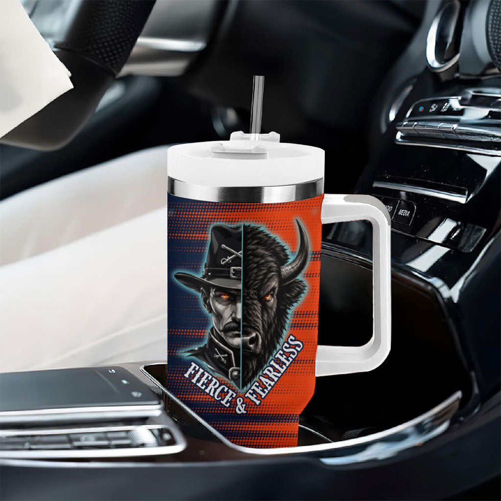 Buffalo Soldiers Fierce And Fearless Cavalry Tumbler With Handle Half Face Soldier And Bison Halftone Graphic Art