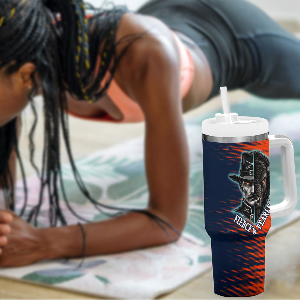 Buffalo Soldiers Fierce And Fearless Cavalry Tumbler With Handle Half Face Soldier And Bison Halftone Graphic Art