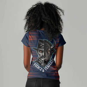 Buffalo Soldiers Fierce And Fearless Cavalry Women V-Neck T-Shirt Half Face Soldier And Bison Halftone Graphic Art