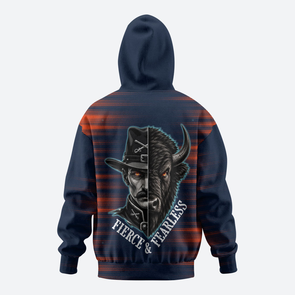 Buffalo Soldiers Fierce And Fearless Cavalry Zip Hoodie Half Face Soldier And Bison Halftone Graphic Art