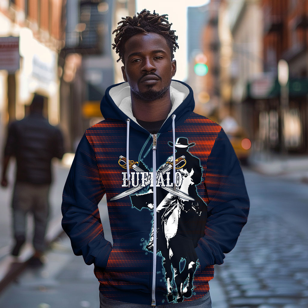 Buffalo Soldiers Fierce And Fearless Cavalry Zip Hoodie Half Face Soldier And Bison Halftone Graphic Art
