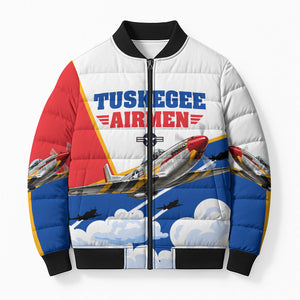 Personalized Tuskegee Airmen Bomber Puffer Jacket Expect To Win P-51 Mustang Patriotic Aviation Art