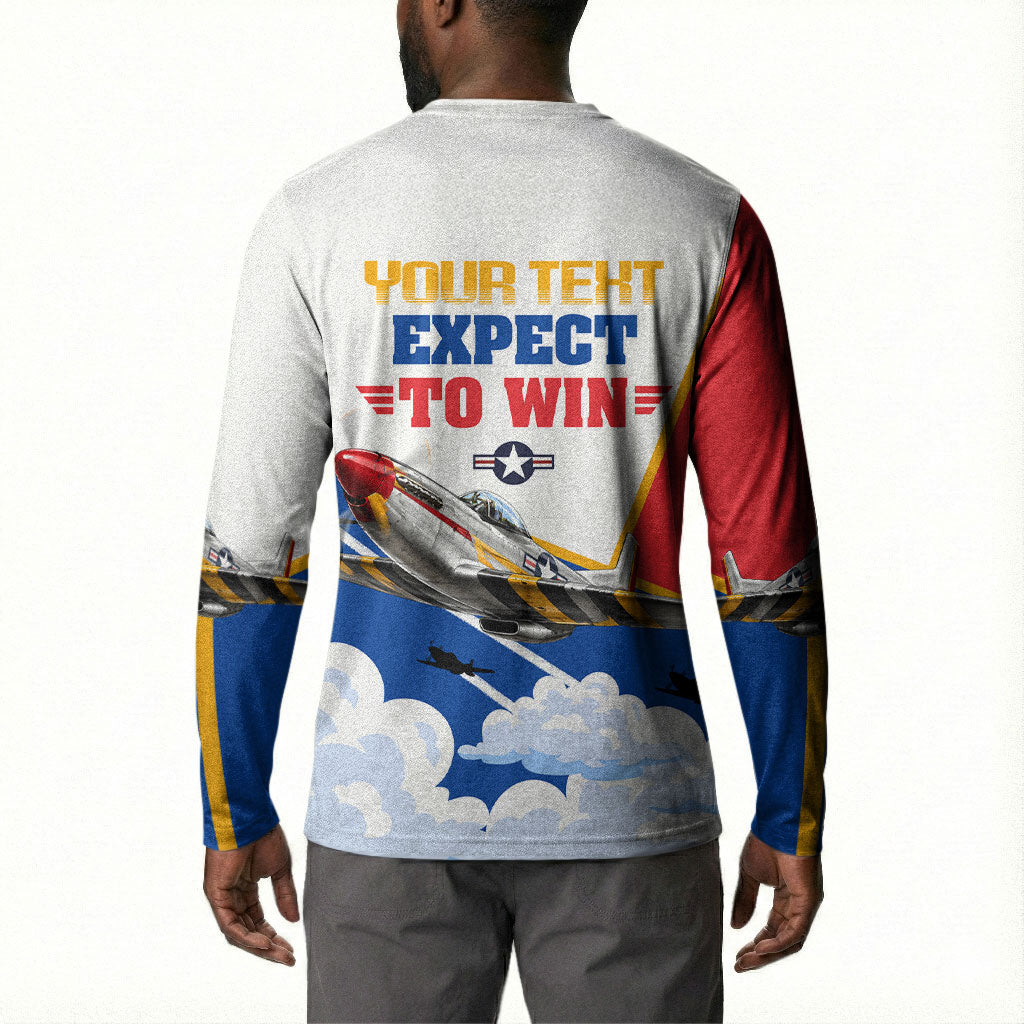 Personalized Tuskegee Airmen Button Sweatshirt Expect To Win P-51 Mustang Patriotic Aviation Art