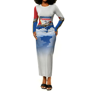 Personalized Tuskegee Airmen Long Sleeve Bodycon Dress Expect To Win P-51 Mustang Patriotic Aviation Art