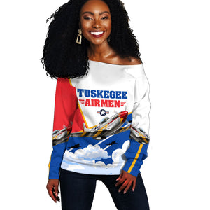 Personalized Tuskegee Airmen Off Shoulder Sweater Expect To Win P-51 Mustang Patriotic Aviation Art