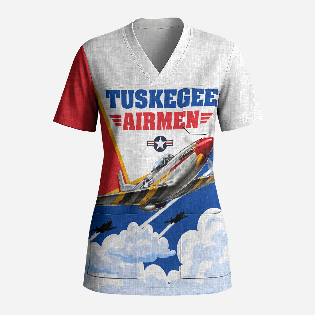 Personalized Tuskegee Airmen Scrub Top Expect To Win P-51 Mustang Patriotic Aviation Art