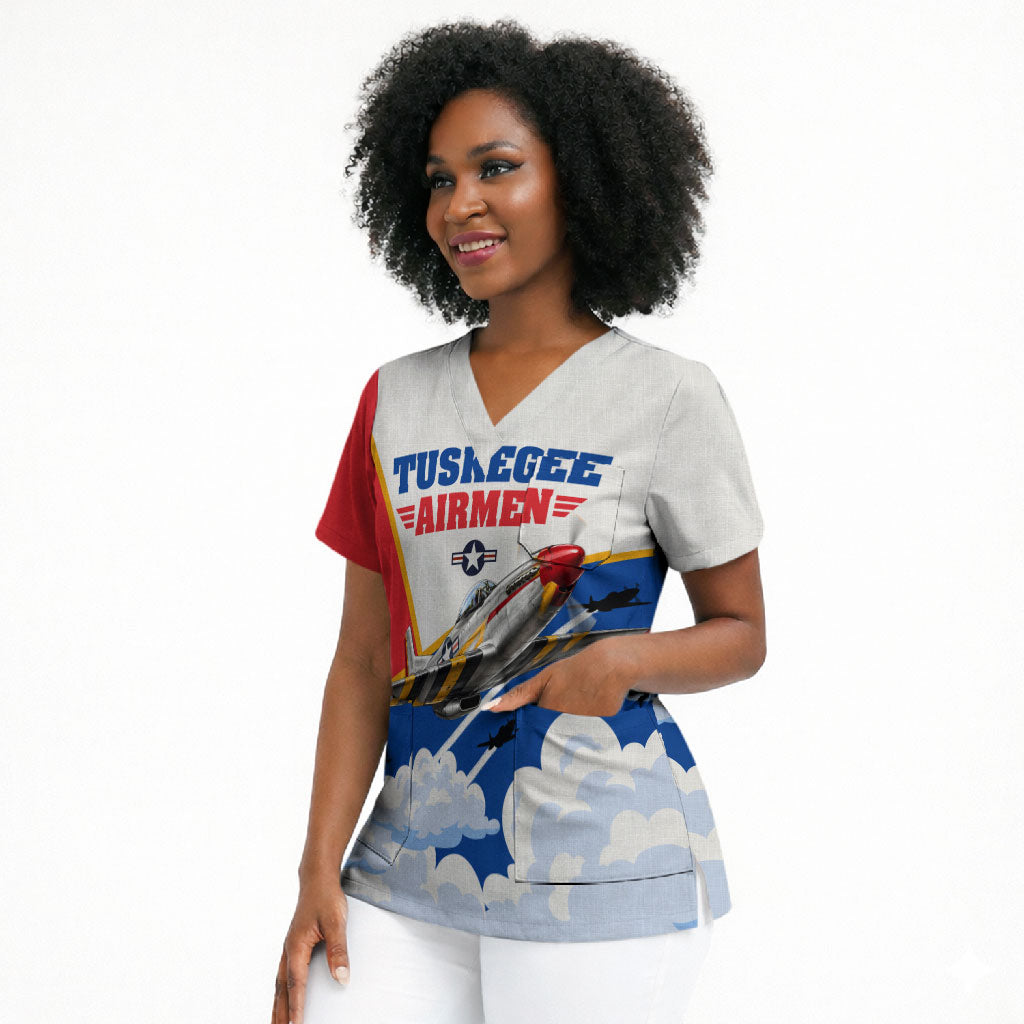 Personalized Tuskegee Airmen Scrub Top Expect To Win P-51 Mustang Patriotic Aviation Art