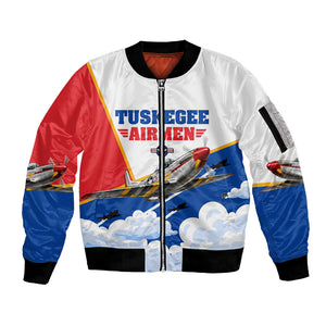 Personalized Tuskegee Airmen Sleeve Zip Bomber Jacket Expect To Win P-51 Mustang Patriotic Aviation Art