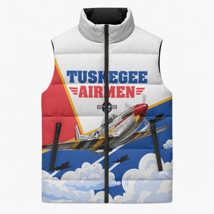 Personalized Tuskegee Airmen Sleeveless Puffer Jacket Expect To Win P-51 Mustang Patriotic Aviation Art