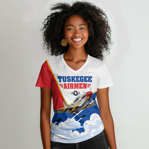 Personalized Tuskegee Airmen Women V-Neck T-Shirt Expect To Win P-51 Mustang Patriotic Aviation Art