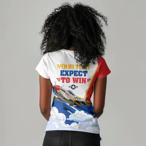 Personalized Tuskegee Airmen Women V-Neck T-Shirt Expect To Win P-51 Mustang Patriotic Aviation Art