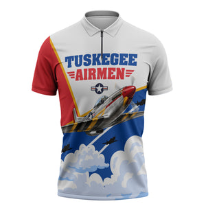 Personalized Tuskegee Airmen Zipper Polo Shirt Expect To Win P-51 Mustang Patriotic Aviation Art