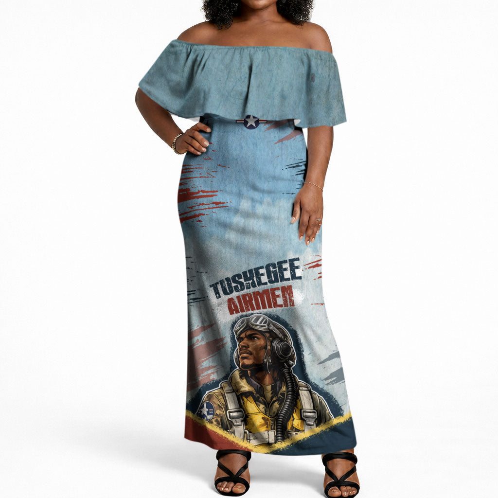 Personalized Tuskegee Airmen Off Shoulder Maxi Dress Believe In Yourself Vintage WWII Military Aviation Art
