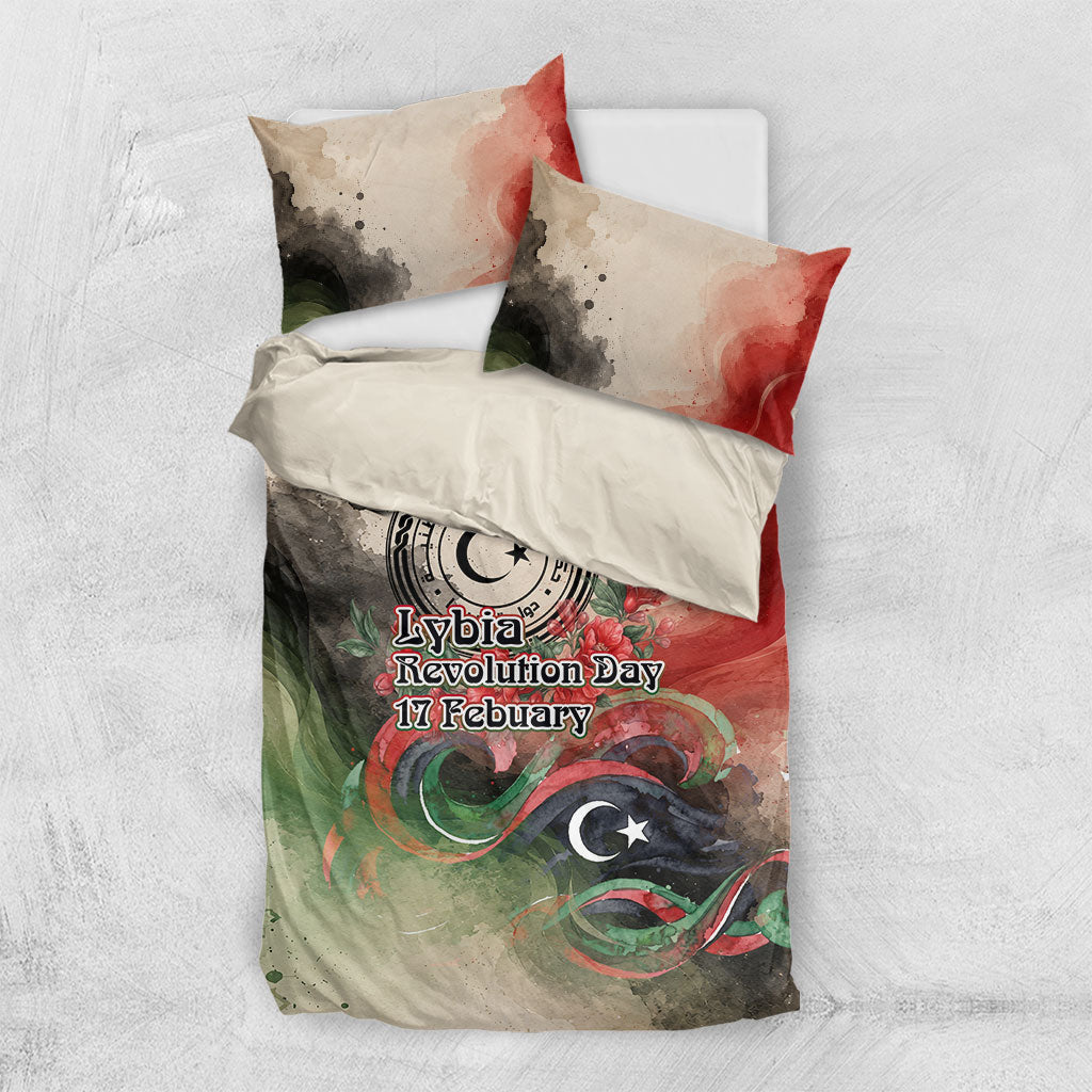 Libya Revolution Day Bedding Set Libyan National Pride Watercolor Flag Waves Floral