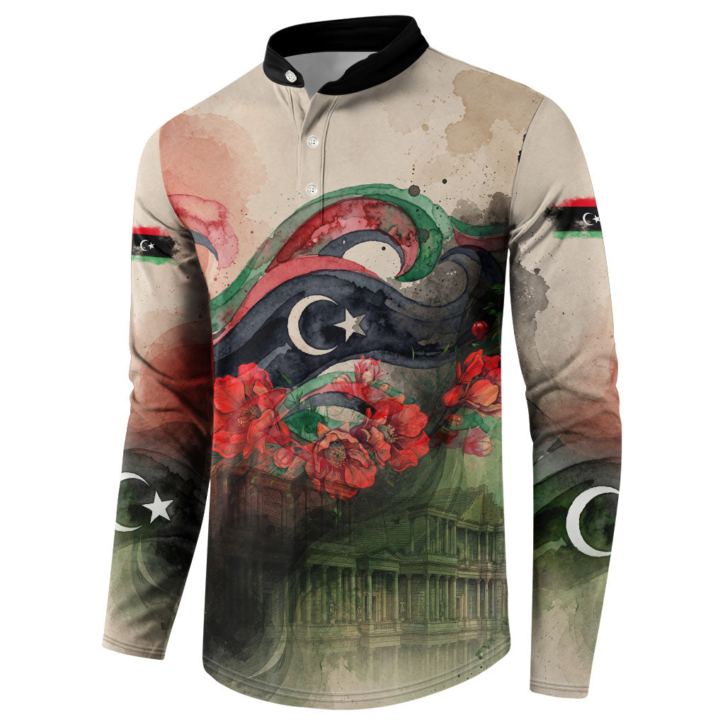 Libya Revolution Day Button Sweatshirt Libyan National Pride Watercolor Flag Waves Floral