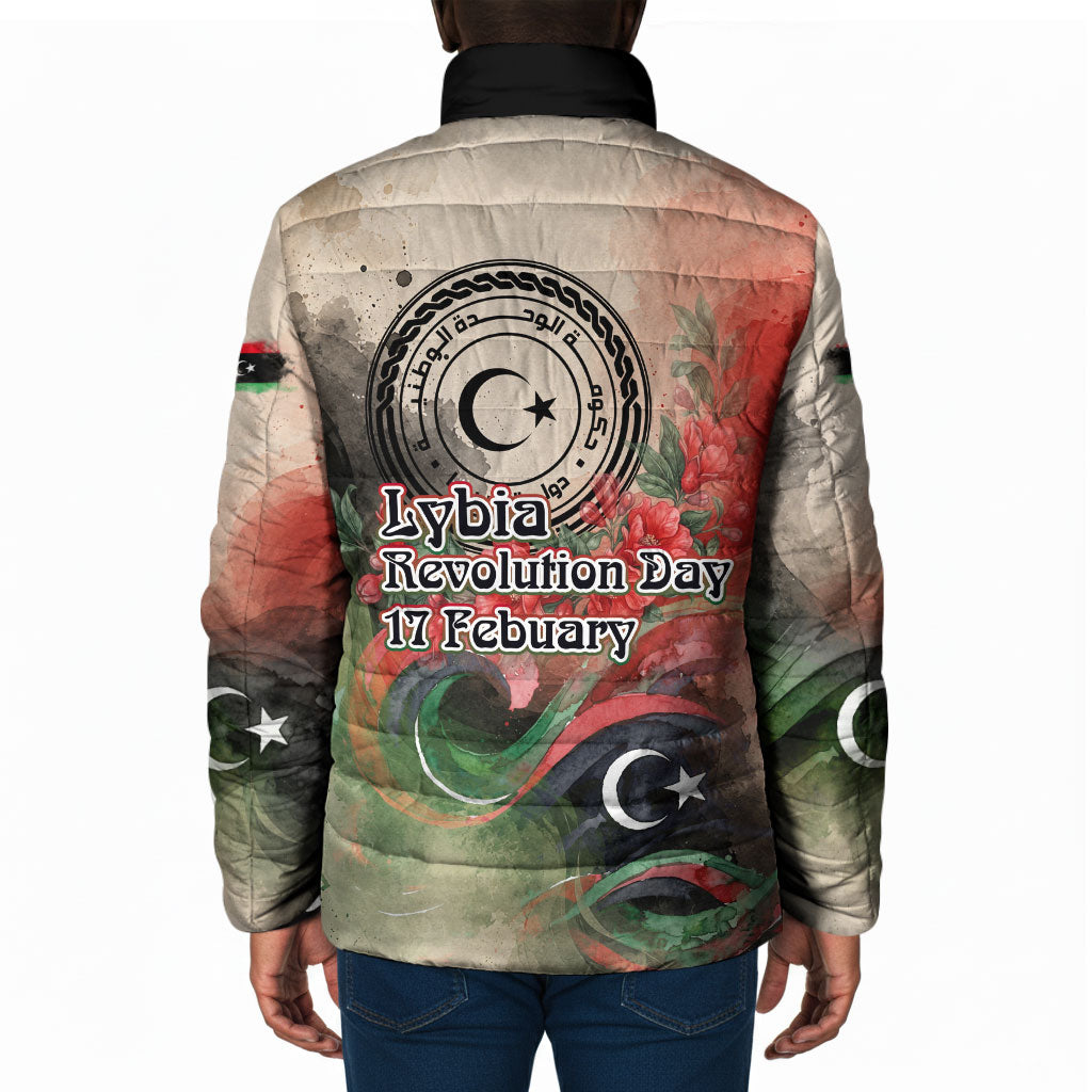Libya Revolution Day Padded Jacket Libyan National Pride Watercolor Flag Waves Floral