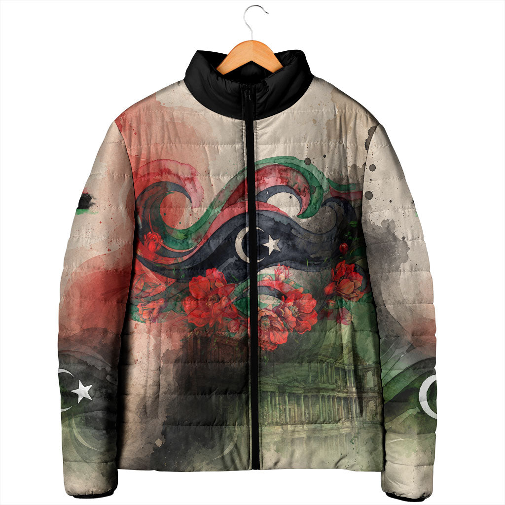 Libya Revolution Day Padded Jacket Libyan National Pride Watercolor Flag Waves Floral
