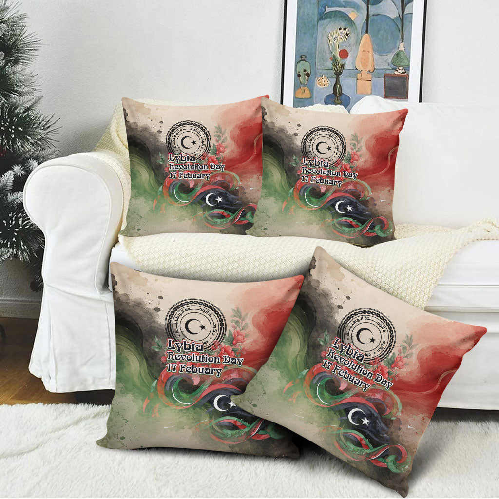 Libya Revolution Day Pillow Cover Libyan National Pride Watercolor Flag Waves Floral