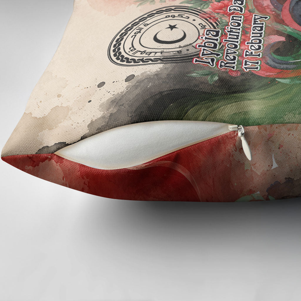Libya Revolution Day Pillow Cover Libyan National Pride Watercolor Flag Waves Floral