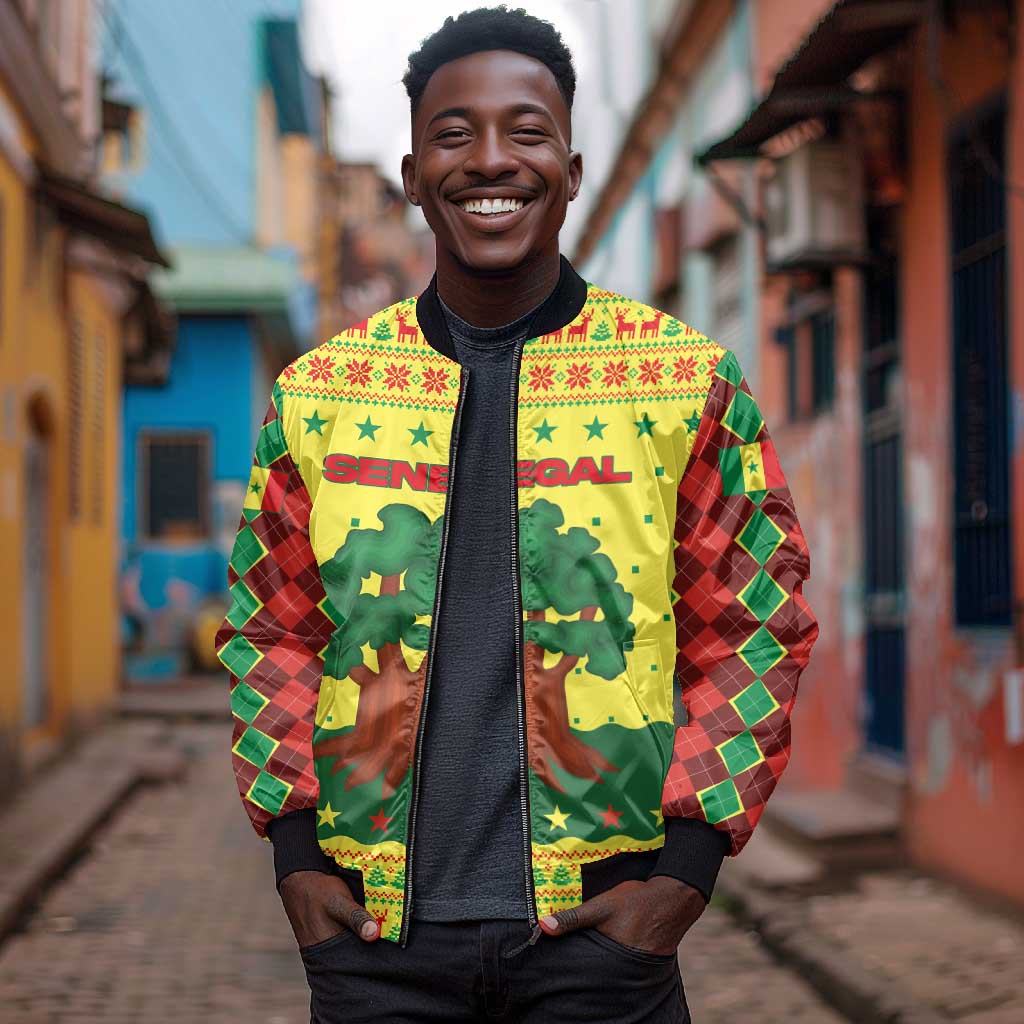 Senegal Christmas Bomber Jacket Baobab Tree and National Coat of Arms Motif - African Pride