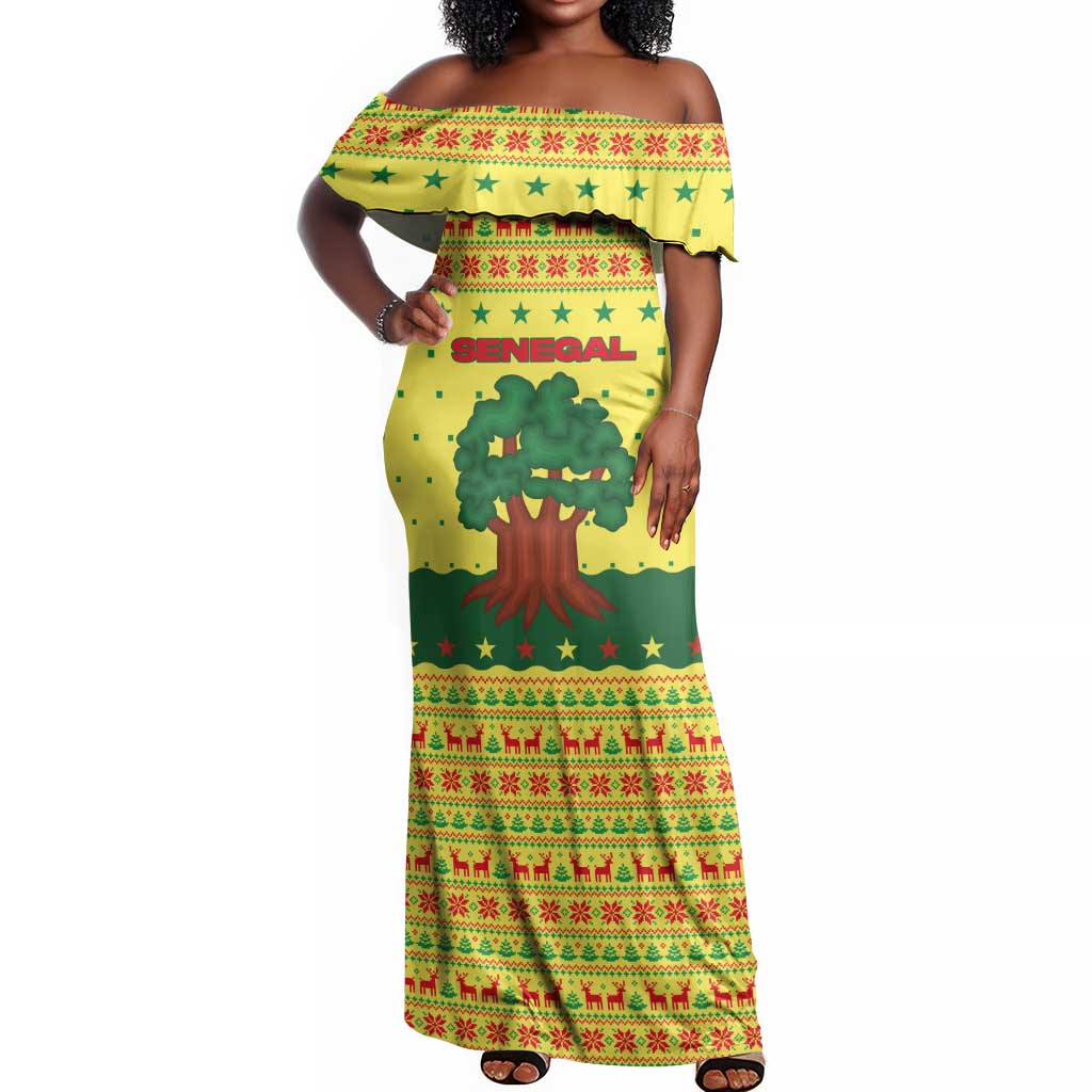 Senegal Christmas Off Shoulder Maxi Dress Baobab Tree and National Coat of Arms Motif - African Pride
