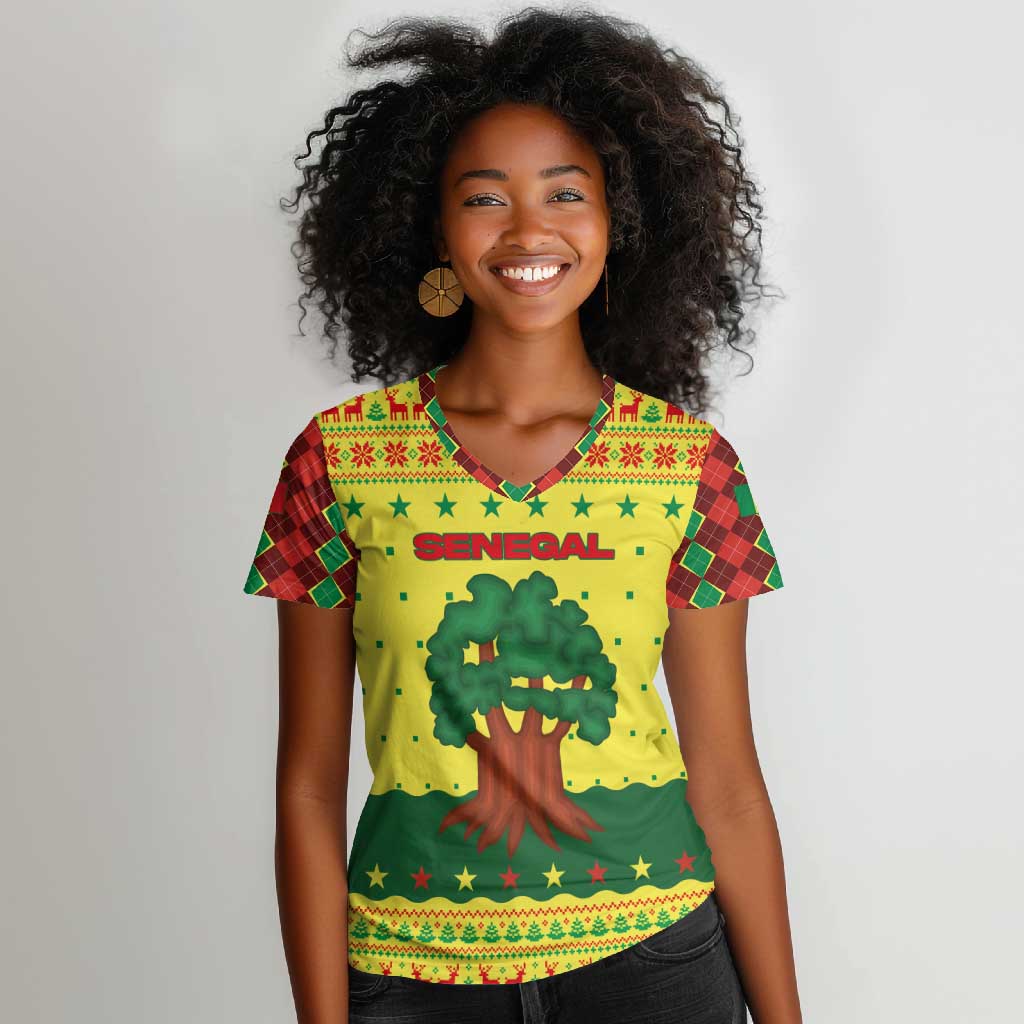 Senegal Christmas Women V-Neck T-Shirt Baobab Tree and National Coat of Arms Motif - African Pride
