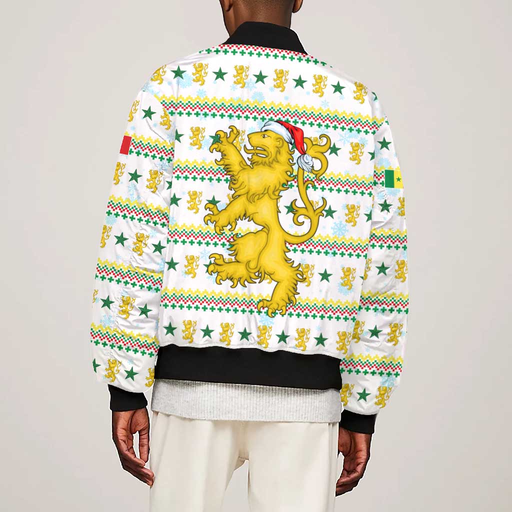 Senegal Christmas Bomber Jacket Golden Lion and Festive Stars Motif - African Pride