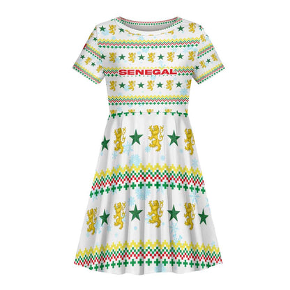Senegal Christmas Kid Short Sleeve Dress Golden Lion and Festive Stars Motif - African Pride
