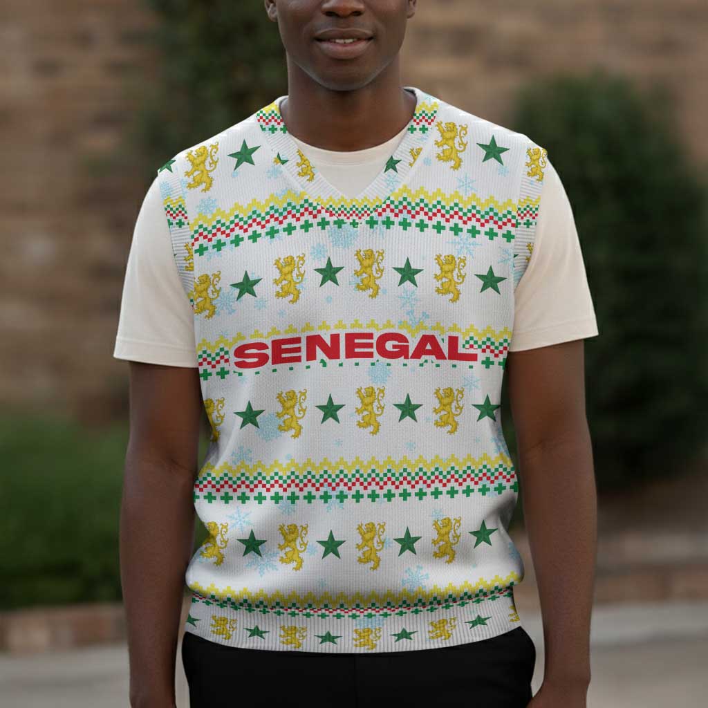 Senegal Christmas Knitted V-Neck Vest Golden Lion and Festive Stars Motif - African Pride
