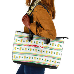 Senegal Christmas Leather Tote Bag Golden Lion and Festive Stars Motif - African Pride