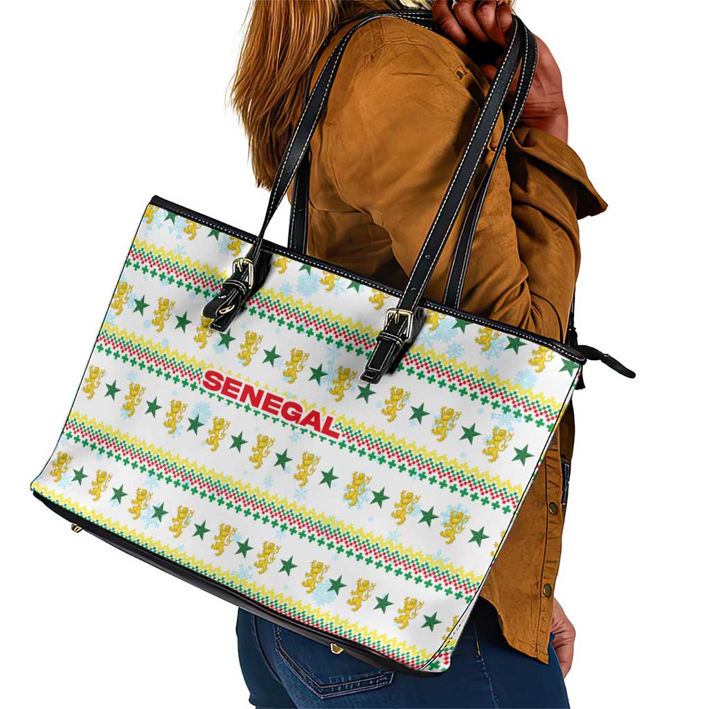 Senegal Christmas Leather Tote Bag Golden Lion and Festive Stars Motif - African Pride