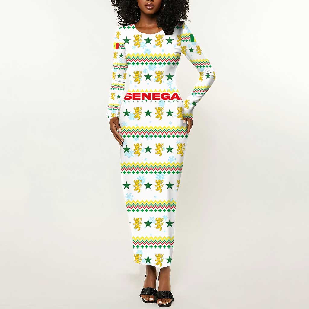 Senegal Christmas Long Sleeve Bodycon Dress Golden Lion and Festive Stars Motif - African Pride