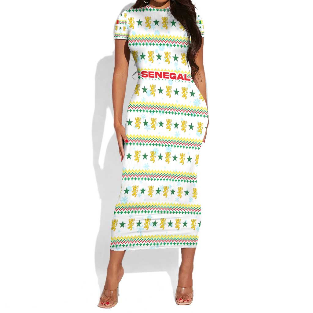 Senegal Christmas Short Sleeve Bodycon Dress Golden Lion and Festive Stars Motif - African Pride